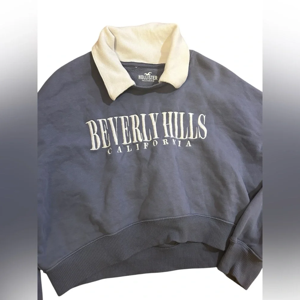 Hollister 90s y2k style coastal prep Oversized blue Crop collared Sweatshirt